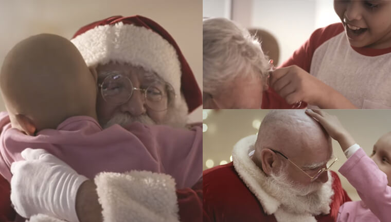 Papai Noel visita crianças com câncer e também fica careca para mostrar que é igual a elas