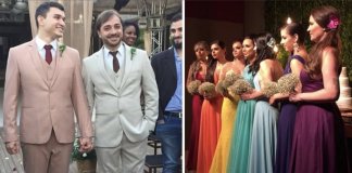 Madrinhas usam cores da bandeira LGBT em casamento de noivos brasileiros
