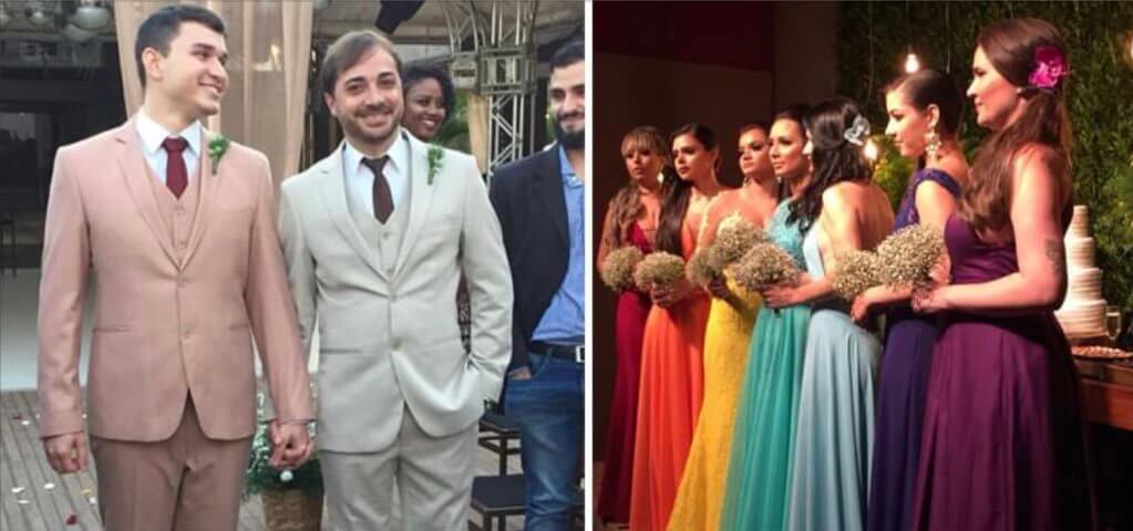 Madrinhas usam cores da bandeira LGBT em casamento de noivos brasileiros