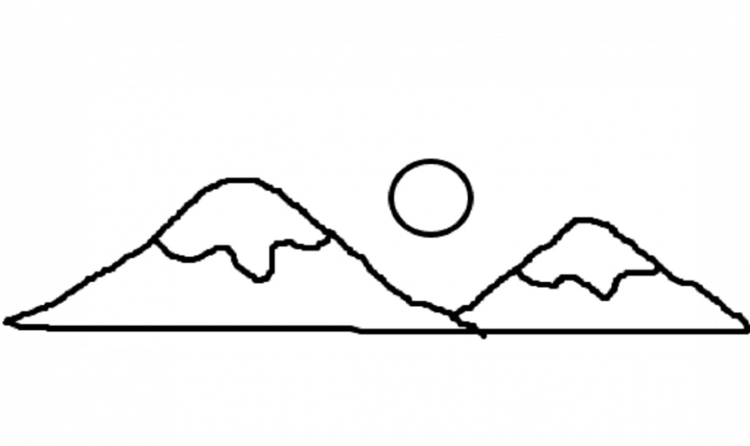 Teste do desenho: a montanha, a estrada e a árvore