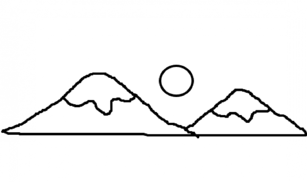 Teste do desenho: a montanha, a estrada e a árvore